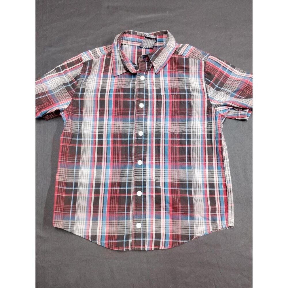 Boys Size M 8 Faded Glory Red and Blue Plaid Button Up Collared Shirt
